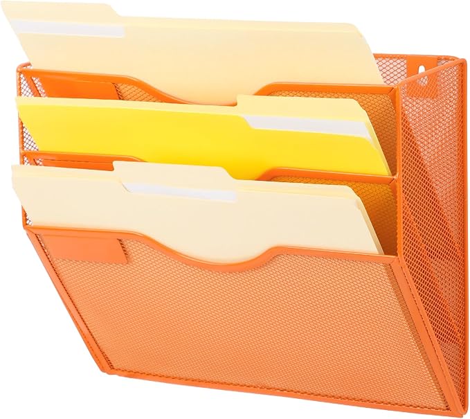 3 Pocket Mesh Hanging Wall File Organizer, Wall Mounted Mail Paper Document Folder Holder, Clipboard Storage Organization Magazine Rack with Nametag Label for Office Home School, Orange by EASEPRES