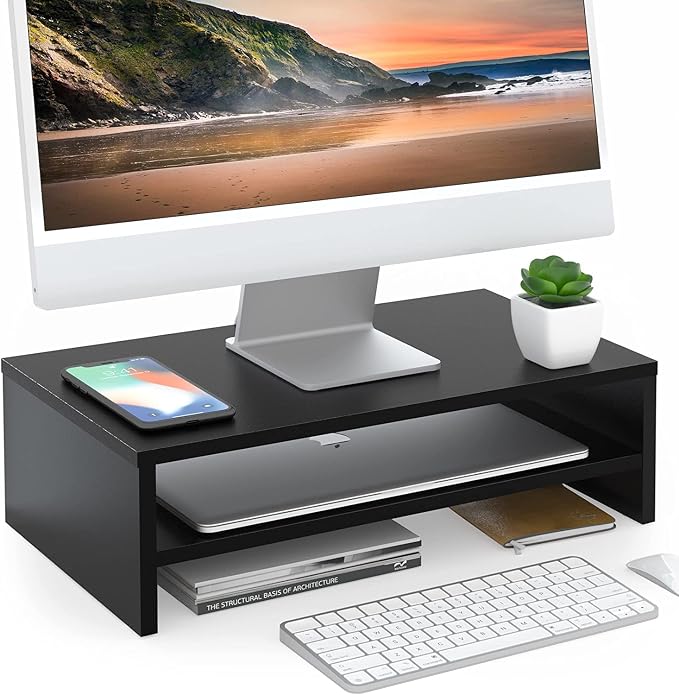FITUEYES Wooden Monitor Stand Riser, 2-Tier Desk Storage Shelf, Black | 16.7-Inch Desktop Organizer Fits Laptop, Computer Screen and Office Supplies by FITUEYES