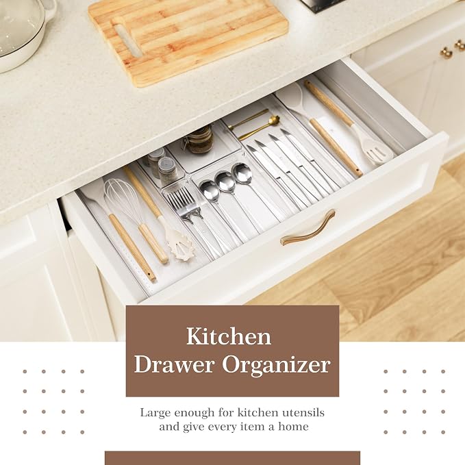 14 PCS Clear Plastic Drawer Organizer Set - 5 Large Size Versatile Kitchen and Bathroom Organizer Trays, Non-Slip Storage Bins for Makeup, Utensils, Tool and Office Desk - Image 3