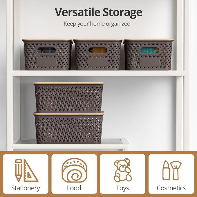 Plastic Storage Bins with Bamboo Lids, Stackable Small Box Baskets for Organizing and Containers for Shelves Drawers Desktop Closet Pantry Classroom Office Home, 6 Pack 10.2x7.2x4.1 Inch, Brown - Image 6