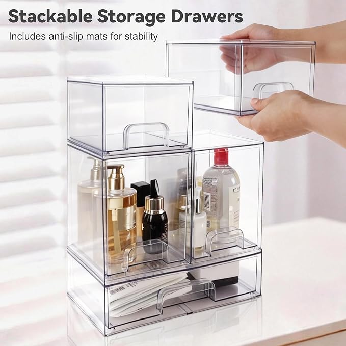 Hvygss Clear Stackable Storage Drawers, Countertop Bottle Organizer 5-Pack | Pull-Out Drawers, Waterproof, Dustproof, Bpa-Free, Space-Saving, For Vanity, Bathroom, Kitchen, Cabinet, Pantry - Image 6