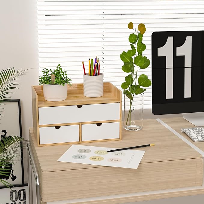 Bamboo Desk Organizer with Drawers, Desktop Storage for Office Supplies | 3 Drawers Desktop organizer, No Assembly Required, Natural Wood Wooden Desktop Drawers Box for Bills, Cosmetics, Seals, Paper - Image 2