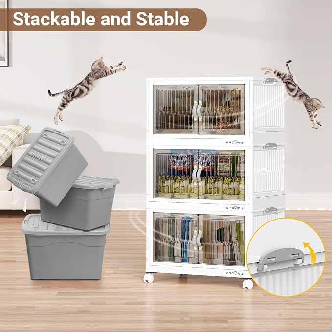 BROVIEW 240Qt Stackable Storage Bins with Lid, Extra Large Closet Organizer Collapsible Drawer Boxes with Wheels, Folding Plastic Cabinet Containers for Home Kitchen Room Organization, 3Pack White - Image 8