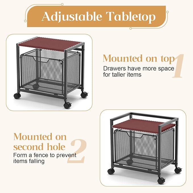 JKsmart Under Desk Storage, Printer Stand with Drawer, Rolling File Cabinet with Adjustable Table Top, 2 Tier Industrial Shelf on Fixed Feet Wheels, Sofa Side Table Organizer for Home, Office, Black - Image 5