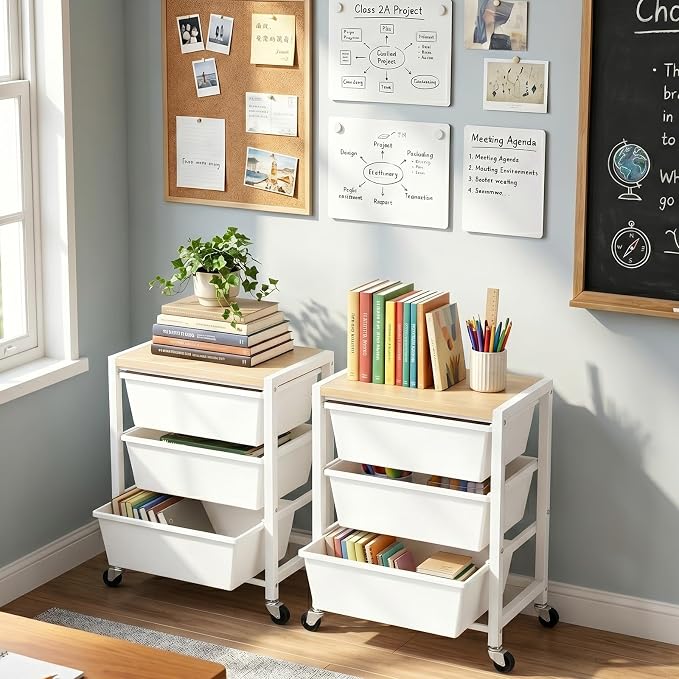 Rolling Cart with 3 Drawers, Plastic Drawer Storage Carts with Lockable Wheels & Wooden Tabletop, Metal Art Craft Utility Cart Organizer for Home Office Bedroom Dorm Bedside Classroom, Bright White - Image 5