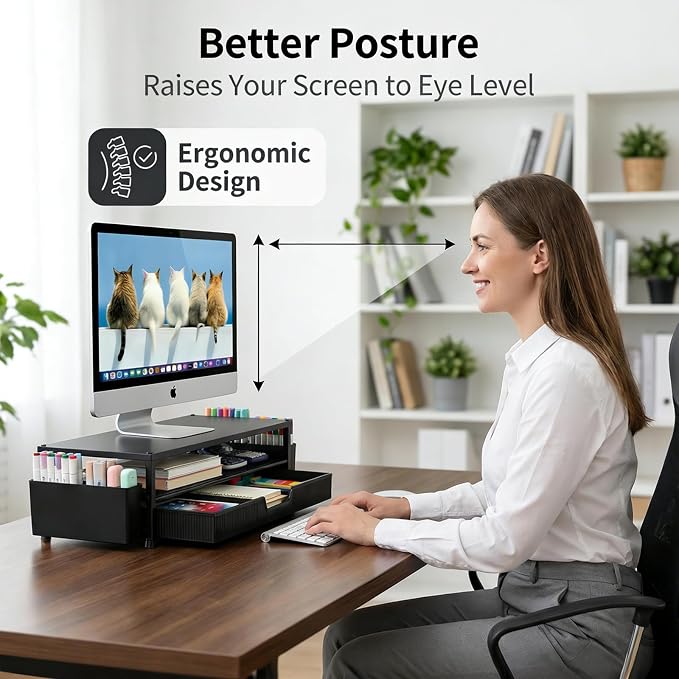 ECOLOVI Desk Organizer and Accessories, 2-Tier Computer Monitor Stand Rise with Storage Drawer & 2 Pen Holders, Laptop & Printer Stand for Desktop, Workspace Organizers for Office Supplies (Black) - Image 4