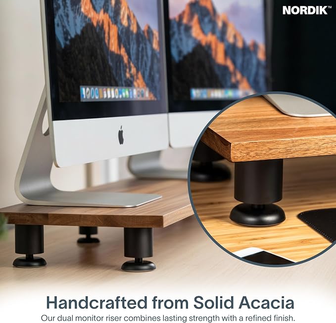 Nordik Dual Monitor Stand Riser -Hardwood Acacia Monitor Shelf (42x10.5 in) | Premium Handmade Acacia Wood Monitor Stand - Easy to Assemble Monitor Riser - Double Monitor Riser with Storage Organizer - Image 2