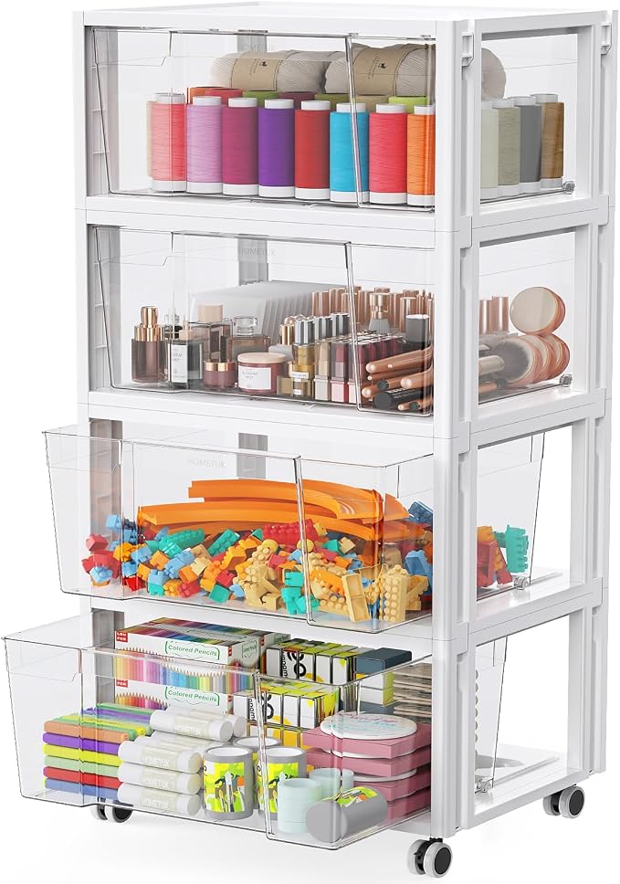 Stackable Storage Drawer Carts, Extra Large Bins 4 Tier 4 Drawers | Smooth Pull-Out Drawers, Clear Plastic Storage Organizer Container For Home Office Bedroom Bathroom Art Crafts Under Desk by HOMETUK