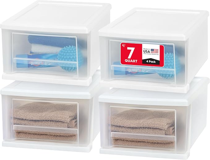 IRIS USA 4-Pack, 7 Qt. Small Stacking Drawer Storage Organizer, White | Store small accessories, office supplies, craft items, and paperwork around your home for easy organization by IRISUSA