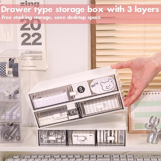 Stackable Desk Organizer with 6 Drawers, 3 Tier Plastic Desk Storage Box Desktop Drawers, Detachable Makeup Storage Office Stationery Supplies Organizer for Desk Office School Home - Image 7