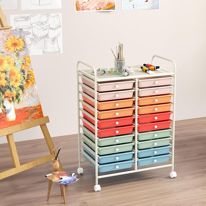 GOFLAME 20-Drawer Rolling Storage Cart, Multifunctional Art Craft Organizer Cart, Mobile Utility Storage Cart with Removable Drawers & Lockable Wheels, Craft Cart for Home Office School, Macaron Color - Image 2