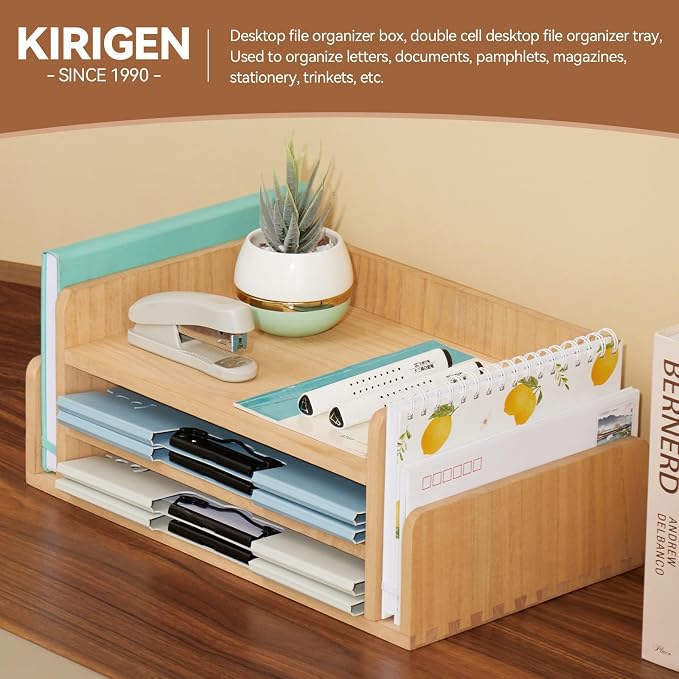 KIRIGEN Wood Desk Organizer, 5-Tray Letter Tray and Mail Sorter Natural 2TP | Solid Wood 3-Tier Desktop Organizer with 5 Storage Areas for Mail, Folders, Letter Paper and Office Supplies, Fully Assembled - Image 4