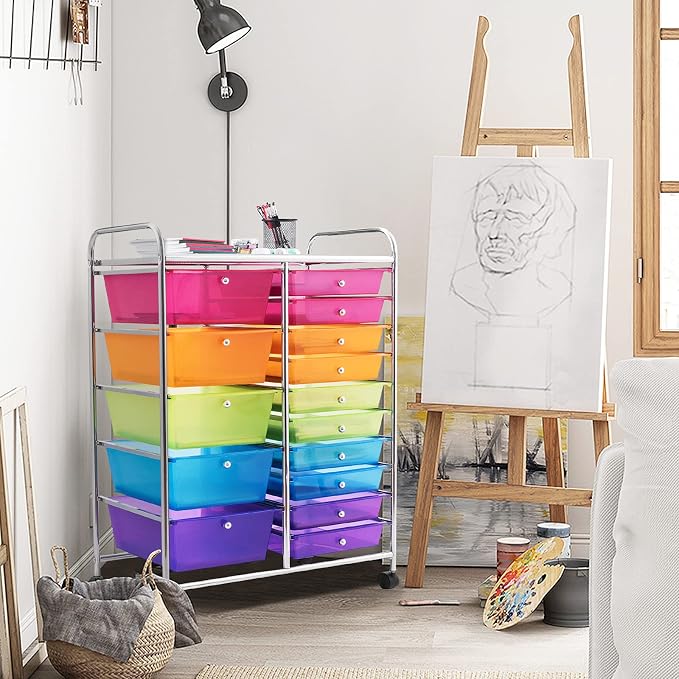 DORTALA 15-Drawer Rolling Storage Cart with Drawers, Rolling Utility Cart w/Removable Drawers & Universal Wheels, Tools Scrapbook Paper Organizer for School, Office, Home, Classroom (Rainbow) - Image 9
