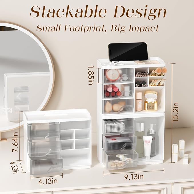 Small Makeup Organizer with Drawers, Stackable Bathroom Couneter Organizer with Phone Holder, Versatile Vanity Organizer Countertop, Cosmetic Organizer for Makeup Brush, Skin Care, Lotion -White,2Pack - Image 4