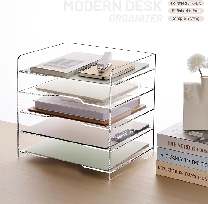 SANRUI Acrylic Paper Organizer Letter Tray, 5 Tier Enlarged File Holder | Clear Desk Organizers and Accessories, Versatile Paper Sorter Desk Shelf for Office Classroom Home,13.8 x 9.6 x 13 in - Image 4