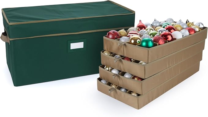 Covermates Keepsakes Adjustable Ornament Storage Box – Heavy-Duty Polyester, Padded Dividers & FlexGrid Trays – Protective Holiday Organizer with Stackable Walls & Label Window, Green by Covermates