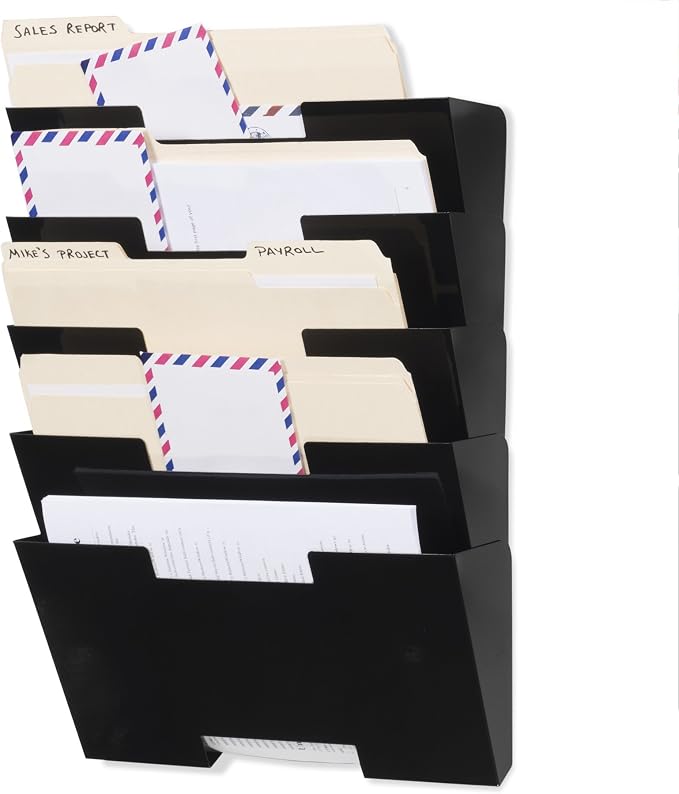 Wallniture Lisbon Wall Mounted File Holder Organizer, 5-Tier Metal Office Organization and Storage Rack, Wall Mount File Holder, Magazine Holder and Office Decor, Black by Wallniture