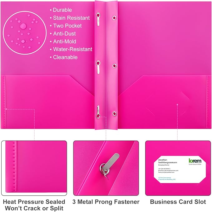 Cholemy 72 Packs Pocket Folders with Prongs Heavy Duty Plastic Folder with Business Card Slot 3 Prong Fasteners for School Office (Soft) - Image 3