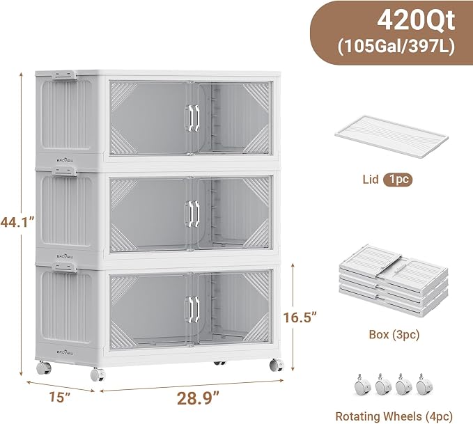 BROVIEW V60 420QT Plastic Stackable Storage Bins with Lid, 3Pack White | 105Gal Extra Large Closet Organizers Collapsible Cabinets Boxes With Drawer, Foldable Container with 4x Wheels for Home - Image 2