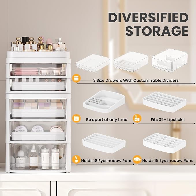 Rolling Cart with 5 Drawers, Clear Plastic Drawer Organizers, Vanity Cart | Dust Proof Under Desk Storage with Dividers for Makeup, Skincare, Art Crafts and Baby Items, Acrylic Cosmetic Organizer - Image 6