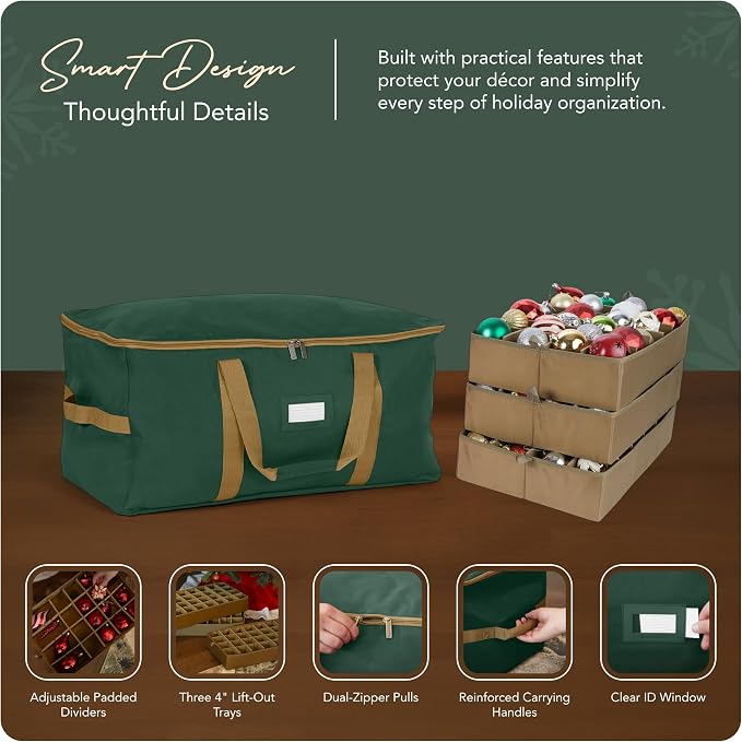 Covermates Keepsakes Adjustable Ornament Storage Bag – Heavy-Duty Polyester, Padded Dividers & FlexGrid Trays – Protective Holiday Ornament Organizer with Handles & Label Window, Green - Image 4