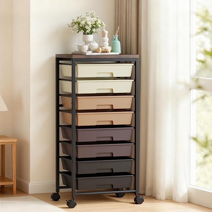 Rolling Cart with 8 Drawers, Plastic Drawer Storage Carts with Wheels & Wooden Tabletop, Metal Utility Cart Organizer for Bedroom Living Room Office Classroom Craft Organization and Storage, Brown by TimeForest