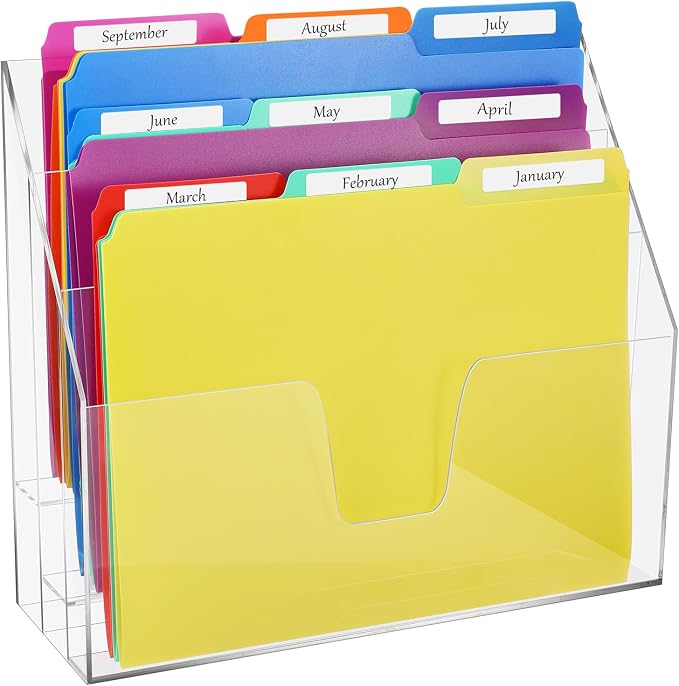 Estune Acrylic Vertical File Organizer, Horizontal Triple File Folder Holder, Paper Desktop Storage, Box for Countertop Office, Includes 12 Pack Folders, 1/3 Cut Tab with Folder Letter Size and Labels by Estune