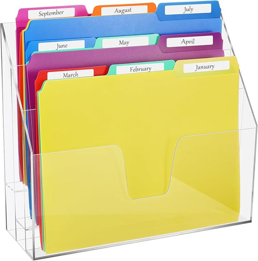 Estune Acrylic Vertical File Organizer, Horizontal Triple File Folder Holder, Paper Desktop Storage, Box for Countertop Office, Includes 12 Pack Folders, 1/3 Cut Tab with Folder Letter Size and Labels by Estune