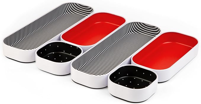 Three by Three Seattle Metal Drawer Organizer Tray Set, 6-Pc, 1" (Red) | Colorful food-safe metal bins; soft non-scratch base; kitchen, bathroom, vanity, desk, makeup & office drawers by ThreebyThreeSeattle