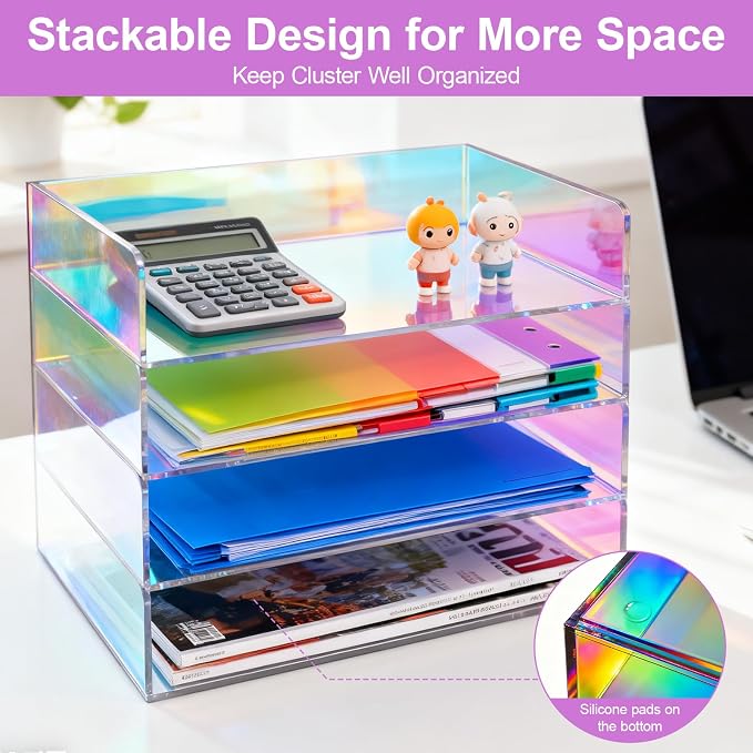 Gelite Acrylic File Organizer for Desk 4 Tiered Stackable Letter Tray Office Paper Storage Desktop Document Sorter, Iridescent - Image 6