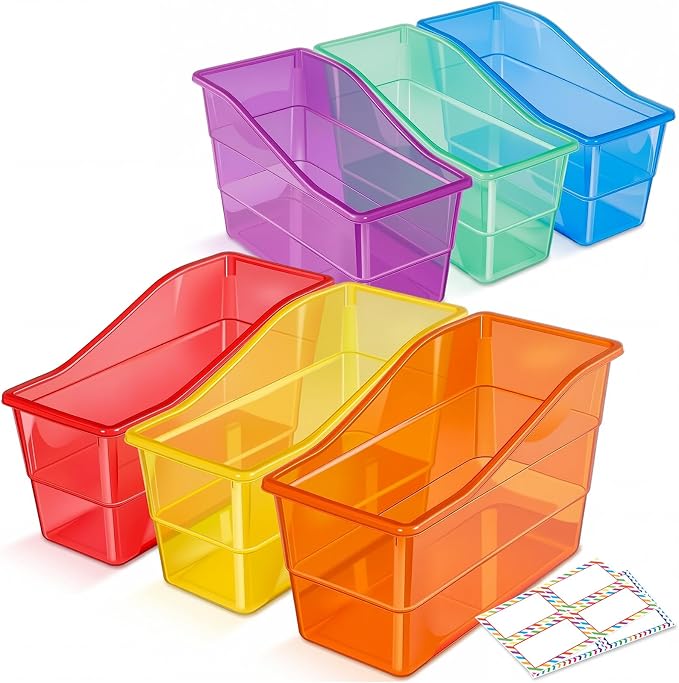 Blosssound 6 Set Book Bins for Classroom with Label Sticker Book Box Baskets Plastic Stackable Organizing Bins Storage & Organization for Classroom Library Home School Supplies (Translucent Colorful) by Blosssound