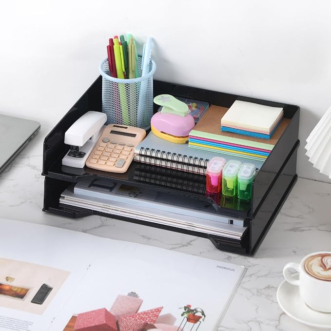 DoubleFill 2 Pcs Stackable Letter Tray Rectangular Plastic Desk Organizer 13 x 9.5 x 2.6 in Paper Holder File Tray Accessories Rack for Desktop Office Desk Drawers (Black) - Image 7