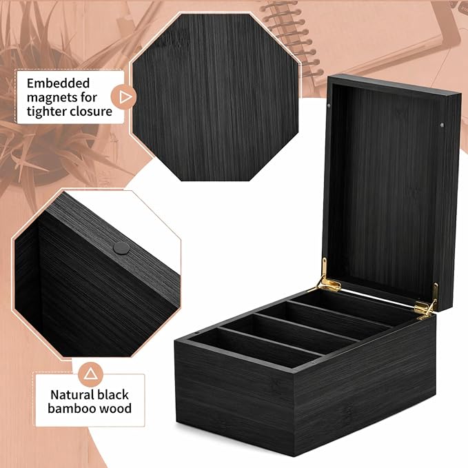4 x 6 Inch Index Card Holder Set, Bamboo Organizer Box with 50 Dividers & 2 Sheets Alphabet Number Stickers File Note Holders, Holds 1200 Cards for Office Business Home Kitchen, Black - Image 3