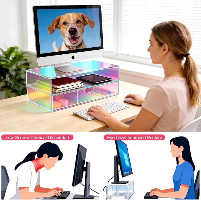 Gelite Acrylic Computer Monitor Stand for Desk Monitor Riser with Drawer Desktop Monitor Shelf with Storage, Iridescent - Image 3