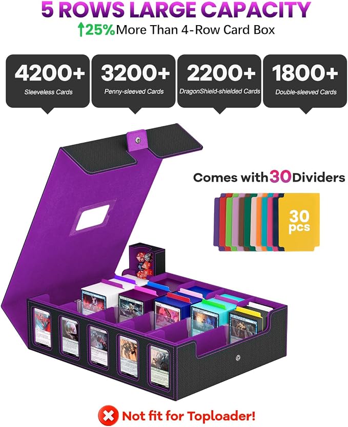 Trading Card Storage Box, 5 Row Card Deck Case with Commander Display & Portable Handle, 4200+ Card Deck Boxes Compatible for MTG TCG Magic Cards, 30 Divider, 8 Supporters, 1 Dice Tray(Black & Purple) - Image 2