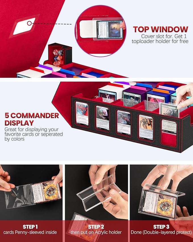 5 Row Trading Card Storage Box, Fit 4200+ Sleeveless Cards, Black & Red | Large Capacity, Portable Handle, Include 30 Divider, 8 Supporters, 1 Dice Tray, Compatible for MTG/TCG/Magic Sports Cards - Image 3