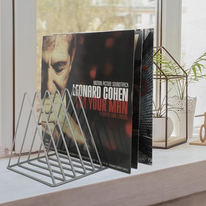 Vinyl Record Holder Storage, 9 Slot Metal Magazine Book Album Display Rack, Stylish Triangle Desktop File Sorter Organizer for Home Office, Grey - Image 7