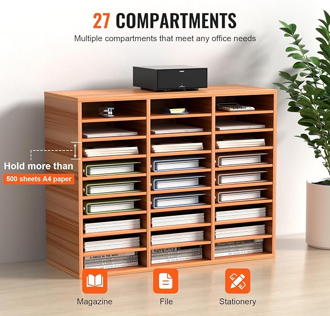 VEVOR 27 Compartments Wood Literature Organizer, Adjustable Shelves, Medium Density Fiberboard Mail Center, Office Home School Storage for Files, Documents, Papers, Magazines, Burlywood - Image 4