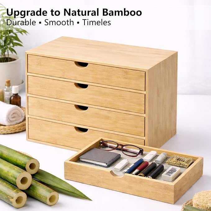 Neando Bamboo Desk Organizer with Drawers, 4-Tier Wooden Desk Organizer, Small Desktop Storage for Office Supplies, Makeup, Accessories, Space-Saving Organizer for Desk, Vanity & Home - Image 4