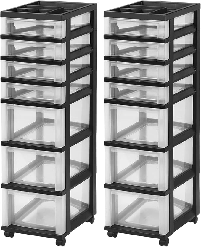IRIS USA 7-Drawer Rolling Storage Cart with Wheels, 2-Pack, Black/Clear by IRISUSA