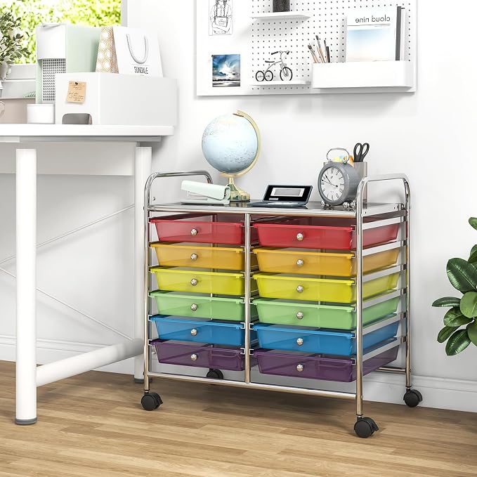 GOFLAME 12-Drawer Rolling Storage Cart, Multifunctional Art Craft Organizer Cart, Mobile Utility Storage Cart with Removable Drawers & Lockable Wheels, Craft Cart for Home Office School, Rainbow - Image 4