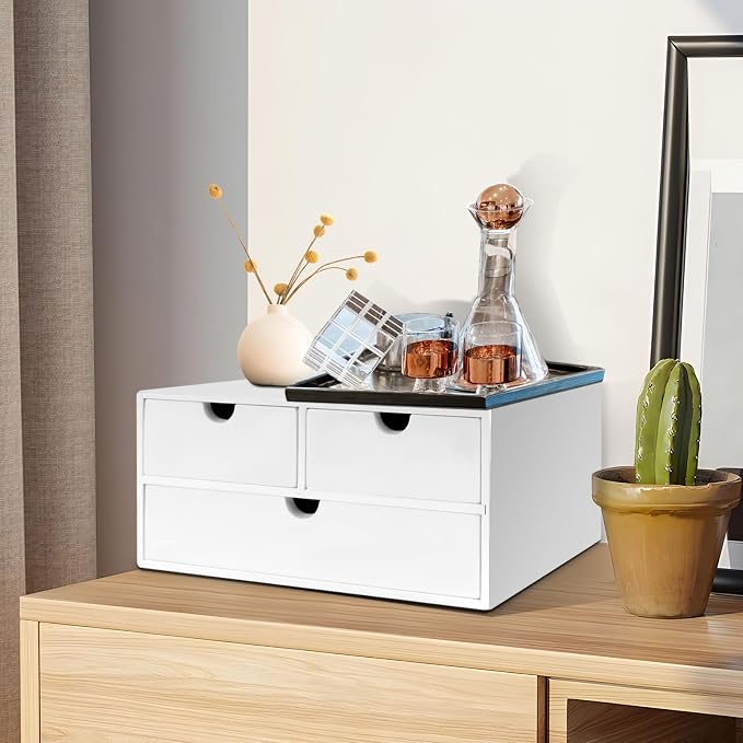 Charmewooden Bamboo Desk Organizer with 3 Drawers, Countertop Organizer with Drawers Makeup Storage Drawer 3 Drawer Tabletop Storage Organization Box Home Office Workspace（White） - Image 2