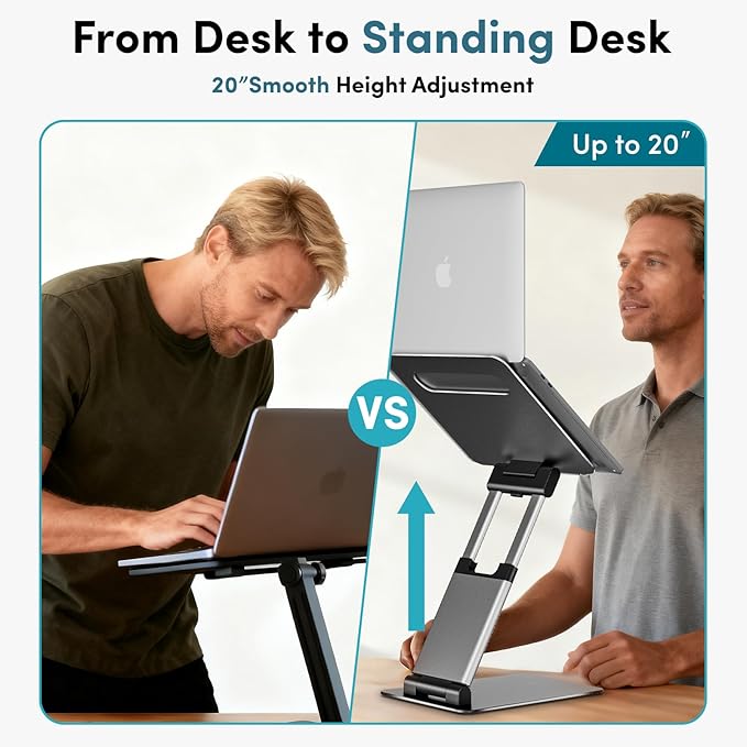 Lifelong Aluminum Adjustable Laptop Stand, Extra Tall 20" Riser, Grey | Ergonomic Portable Foldable Computer Stand, Fits 10-17” Laptops for Office Meetings, Teamwork & Desk Setup - Image 2