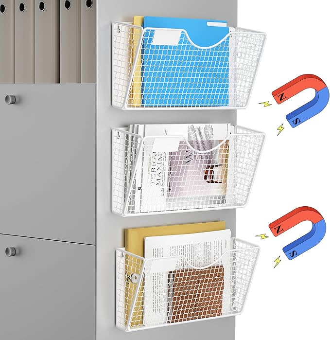 MFTEK Magnetic File Holder, 3 Pockets Wall File Folders Holder No Drilling Magnetic Paper Mail Organizer Magazine Basket, Hanging Storage Rack for Fridge Cabinets Office Classroom(White) by MFTEK