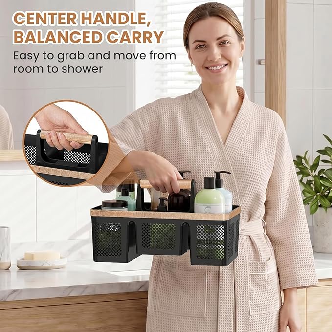 BYUNER Plastic Shower Caddy Dorm: Portable Hard Shower Basket with Handle, 4 Divided Compartments, All-Side Drainage, Bathroom & Cleaning Caddy for College Dorm Room Essentials, Black/wood grain - Image 4