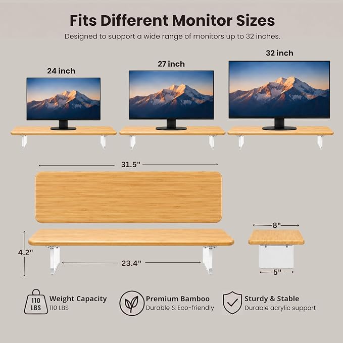 Bamboo Monitor Riser, Wide Desktop Monitor Stand for Desk with Clear Acrylic Legs, 31.5 x 8inch Bamboo Wood Shelf, Fit Keyboard, Home Office Workspace Accessories, Study Stationaries Storage (Natural) - Image 2