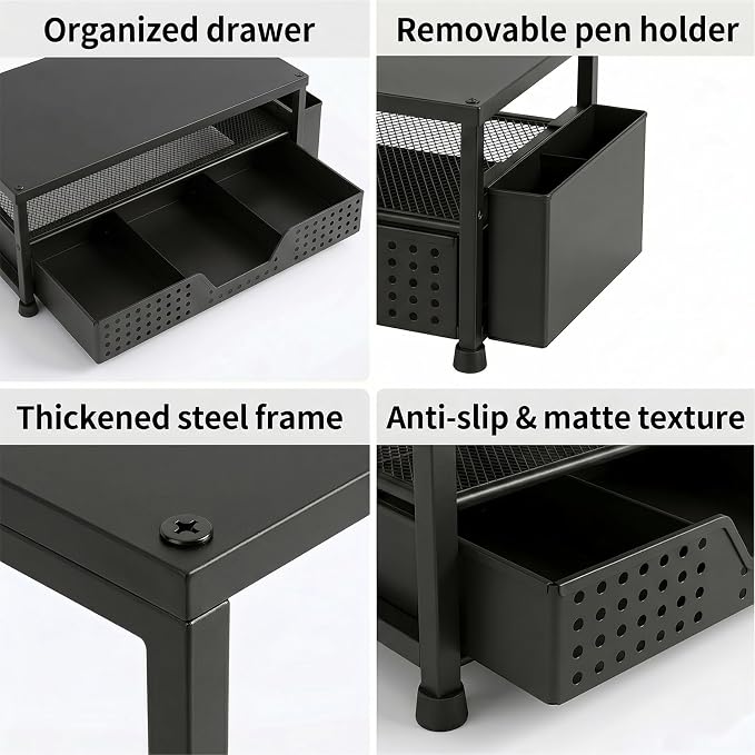 ECOLOVI Desk Organizer and Accessories, 2-Tier Computer Monitor Stand Rise with Storage Drawer & 2 Pen Holders, Laptop & Printer Stand for Desktop, Workspace Organizers for Office Supplies (Black Wood) - Image 6