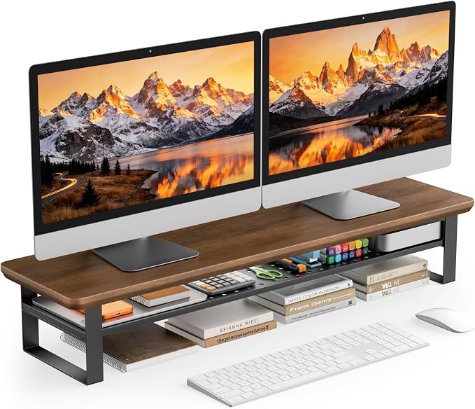Dual Monitor Stand, 35.4 Inch Monitor Stand Riser for 2 Monitors, 2 Tiers Wood Desk Shelf with Storage, Desktop Organizer Stand for Computer, Laptop, Printer, TV by NestNeatHome