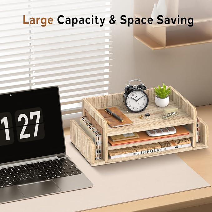 Wooden Desk Organizer, 3-Tier Paper Trays with 2 Mail Sorters, Natural Wood | Fully assembled with open shelves and side slots for sorting files, folder, letter, bill, magazine, notebook - Image 7