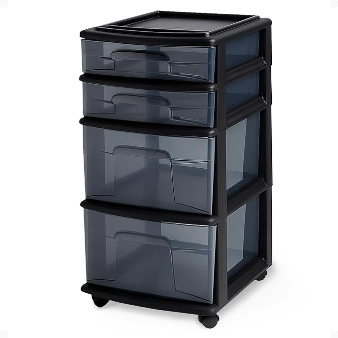 HOMZ Drawer Tower, 4-Tier Storage Cart with Removable Wheels, Black Frame | Plastic Organizer with Clear Bin Drawers for Bedroom, Bathroom, Home Office, and Dorm Rooms by Homz